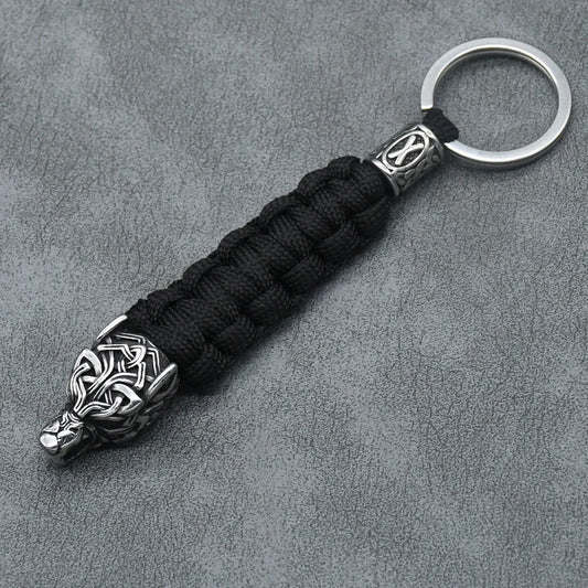 Viking Wolf Head Keychain with Rune & Paracord