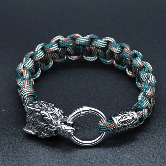 Wolf Head Viking Bracelet – Stainless Steel & Paracord Bangle