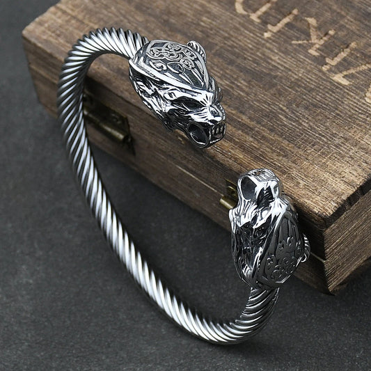 Viking Wolf & Bear Paw Stainless Steel Bangle – Men's Amulet Bracelet