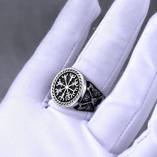 Viking Vegvisir Rune Ring - Stainless Steel Biker Jewelry for Men