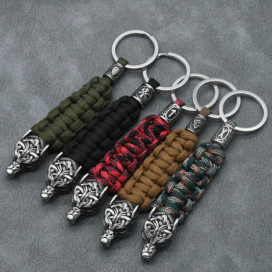 Viking Wolf Head Keychain with Rune & Paracord