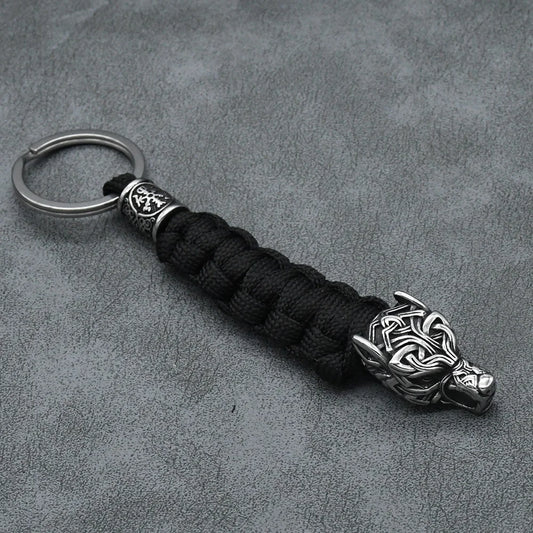 Viking Wolf Head Keychain with Rune & Paracord