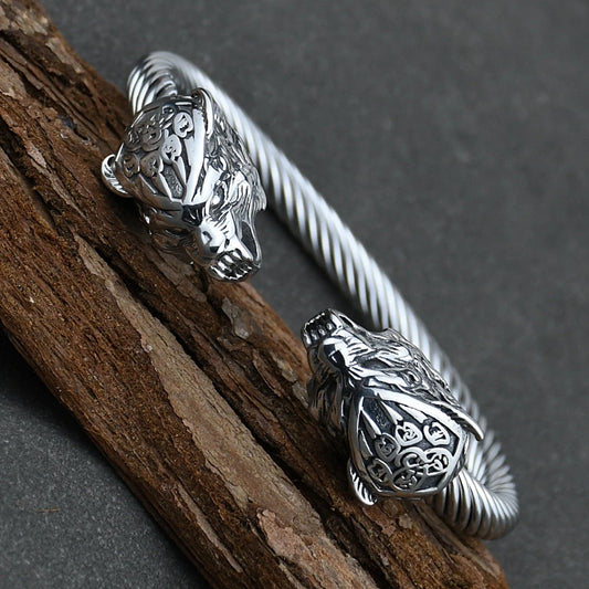 Viking Wolf & Bear Paw Stainless Steel Bangle – Men's Amulet Bracelet