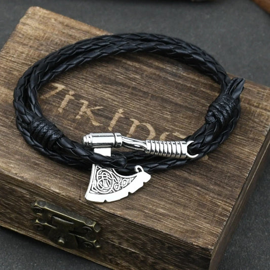 Men's Viking Axe Bracelet – Braided Leather with Irish Knot